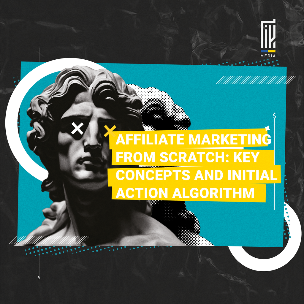 An edgy and modern banner blending classical art with digital design elements, featuring a sculpture with crossed-out eyes, accompanied by the title 'Affiliate Marketing from Scratch: Key Concepts and Initial Action Algorithm'. The design includes the 'en.uageek.media' signature, signifying a resource for innovative affiliate marketing strategies.