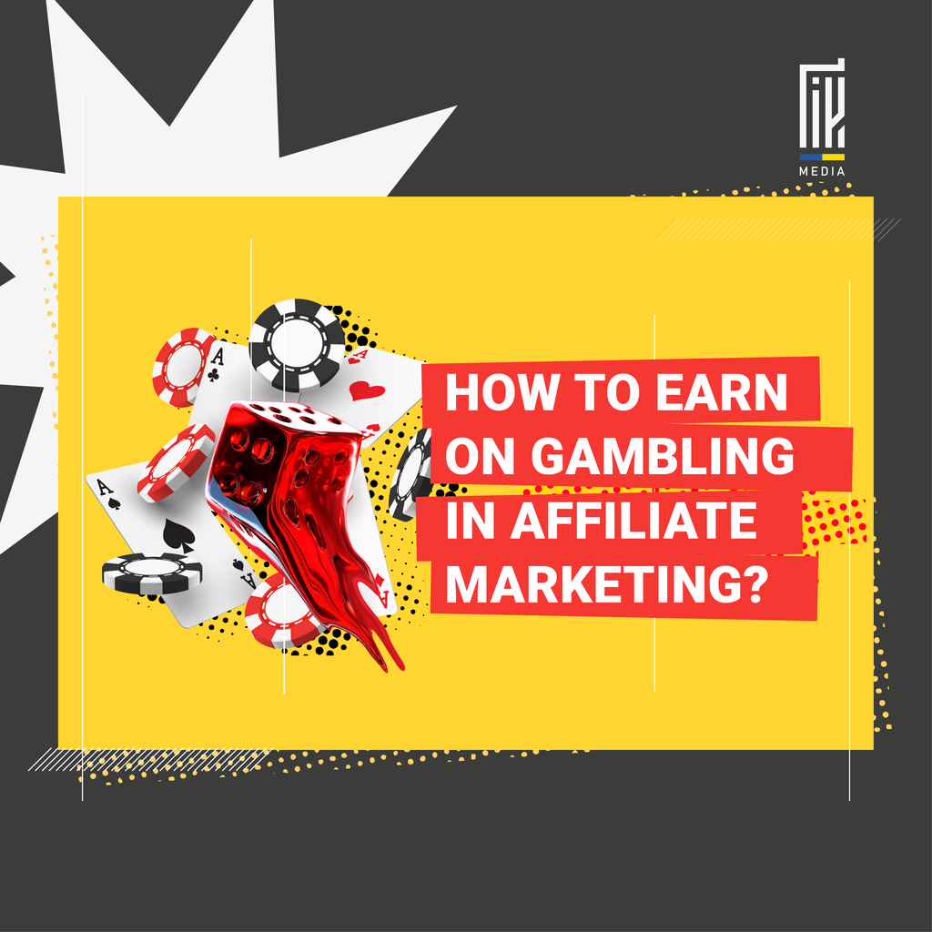 An eye-catching banner featuring casino elements like poker chips, dice, and playing cards with the headline 'How to Earn on Gambling in Affiliate Marketing?' set against a vibrant yellow background. The graphic is marked with the ' en.uageek.media' signature, denoting a focus on lucrative affiliate marketing niches.