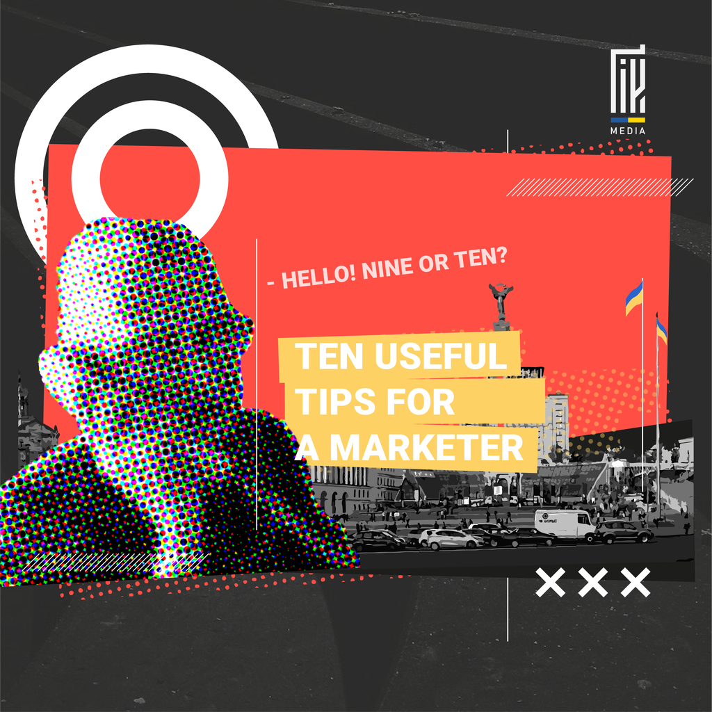 A visually striking banner featuring a silhouette of a man filled with a multicolored dot pattern on the left side, with an urban cityscape in the background. The right side displays bold text stating "TEN USEFUL TIPS FOR A MARKETER" against a vibrant red backdrop, with the phrase "HELLO! NINE OR TEN?" above it.