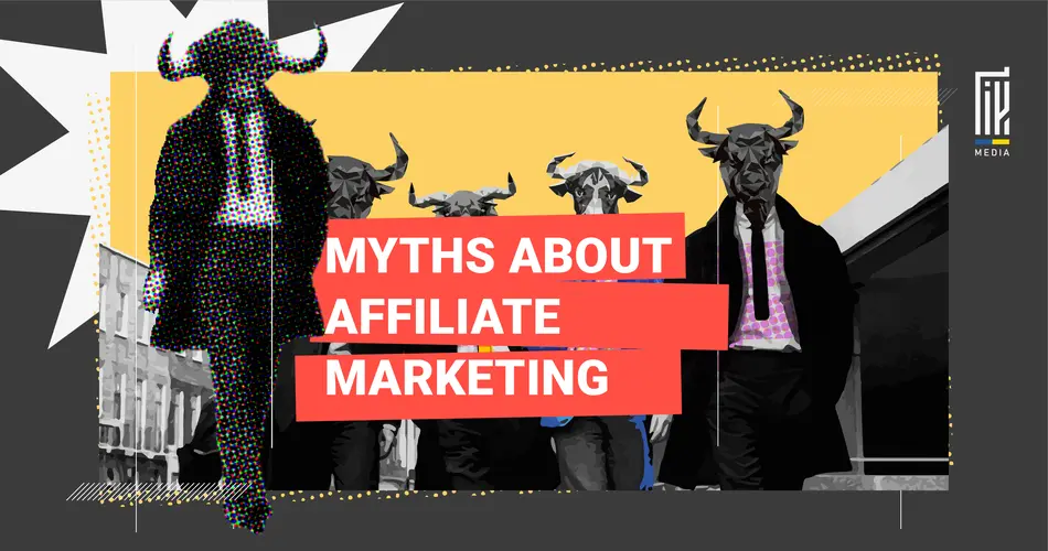 Engaging banner with a trio of figures whose heads are replaced with bull heads, symbolizing strength and possibly misconceptions, aligned with the theme 'Myths about Affiliate Marketing'. The bold red and yellow color scheme stands out, with the 'uageek.media' signature indicating the source of the marketing discourse.