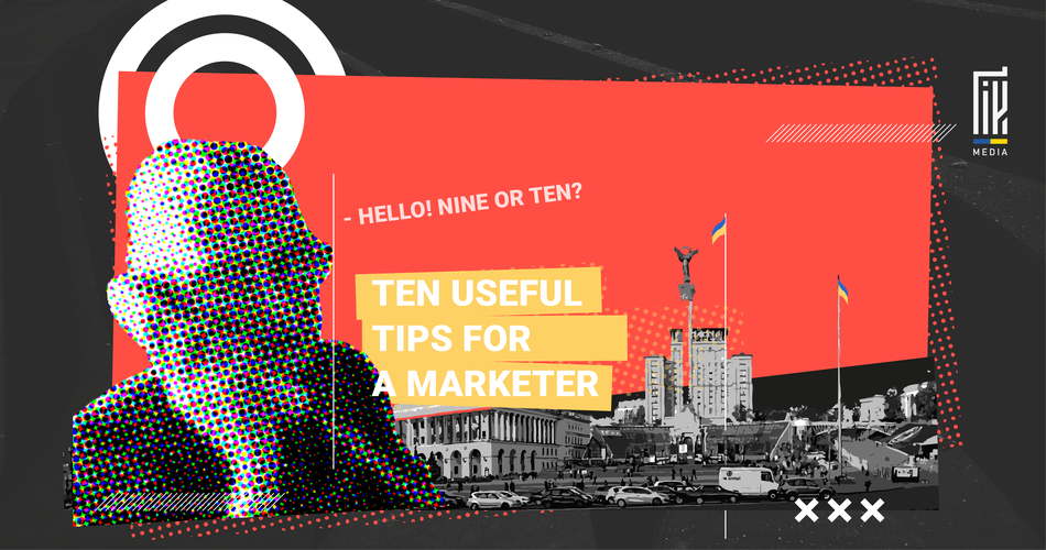 A visually striking banner featuring a silhouette of a man filled with a multicolored dot pattern on the left side, with an urban cityscape in the background. The right side displays bold text stating "TEN USEFUL TIPS FOR A MARKETER" against a vibrant red backdrop, with the phrase "HELLO! NINE OR TEN?" above it.