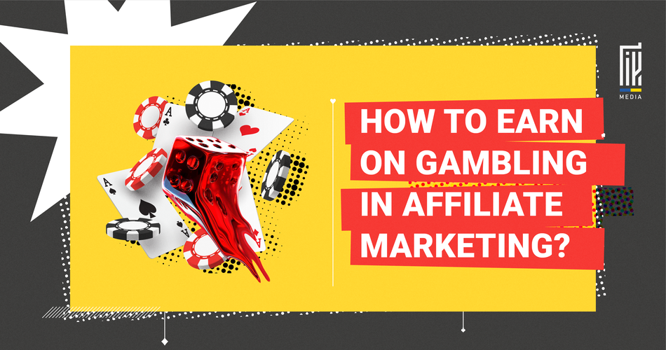 An eye-catching banner featuring casino elements like poker chips, dice, and playing cards with the headline 'How to Earn on Gambling in Affiliate Marketing?' set against a vibrant yellow background. The graphic is marked with the ' en.uageek.media' signature, denoting a focus on lucrative affiliate marketing niches.