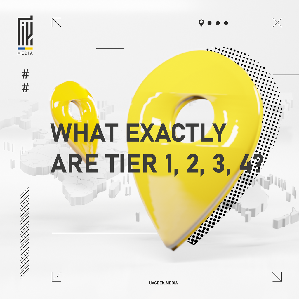 Informative banner from UAGEEK MEDIA asking 'WHAT EXACTLY ARE TIER 1, 2, 3, 4?' in bold black font, over a bright yellow location pin icon on a white background with a 3D cityscape.