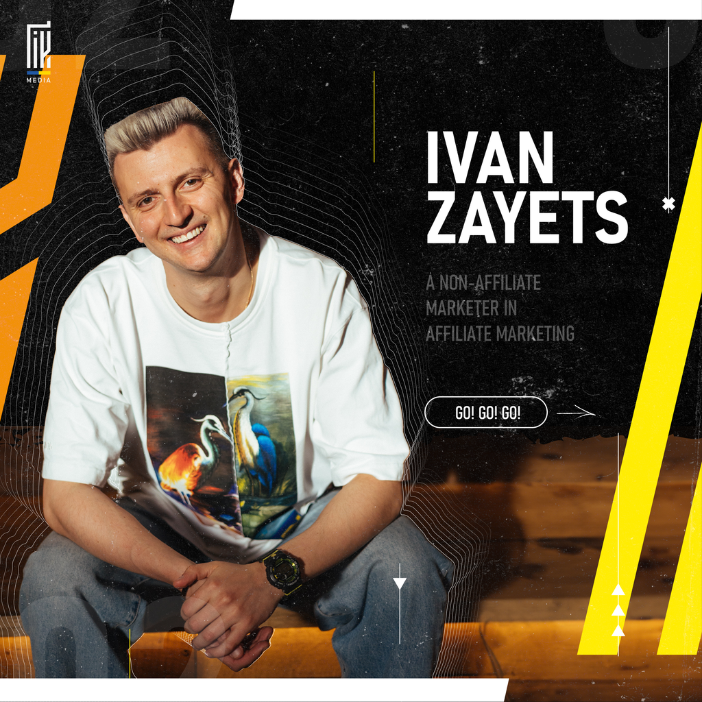 Promotional banner featuring a smiling man named Ivan Zayets, described as a 'non-affiliate marketer in affiliate marketing', with dynamic yellow and black design elements, for en.uageek.media's article on starting an Affiliate Party and hosting Affiliate Events.