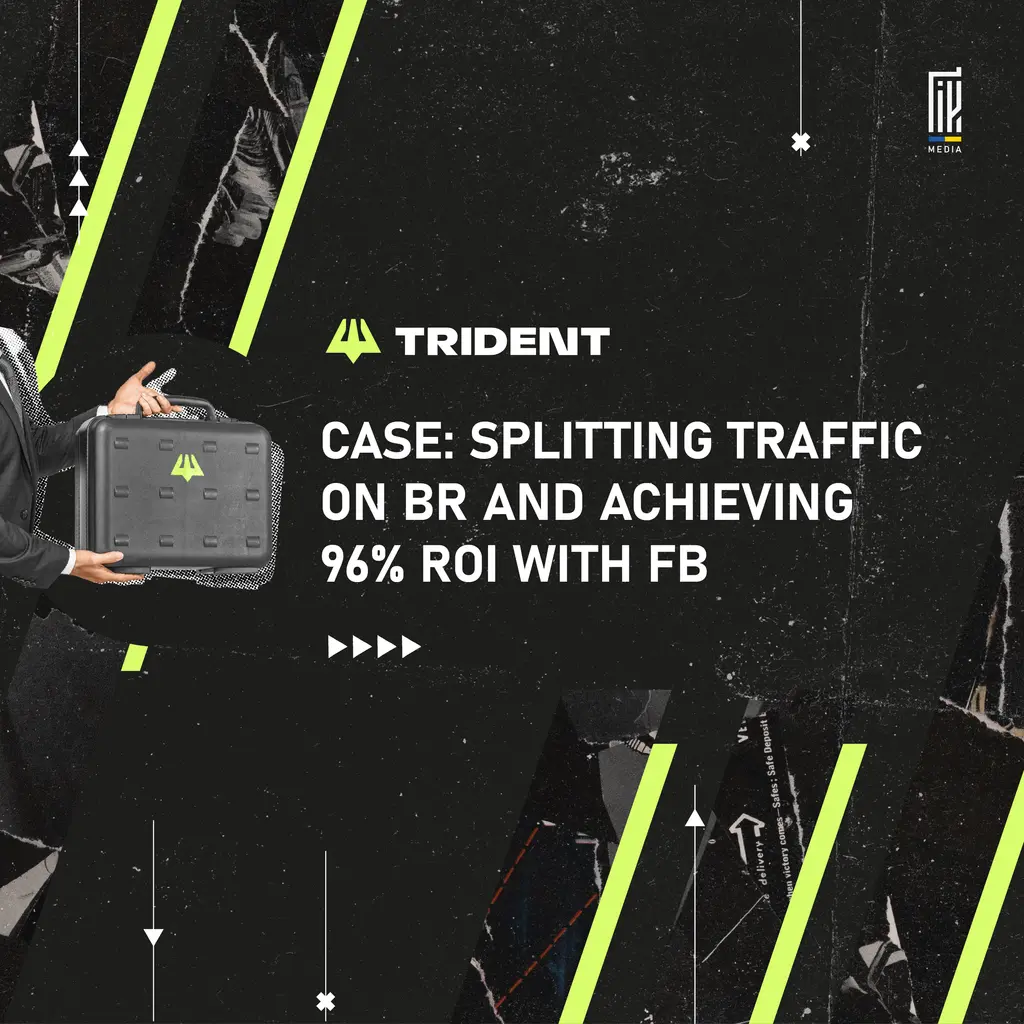 A professional banner featuring a hand holding a briefcase with the Trident logo, with the headline 'CASE: SPLITTING TRAFFIC ON BR AND ACHIEVING 96% ROI WITH FB', set against a stark black background with vibrant neon green accents.