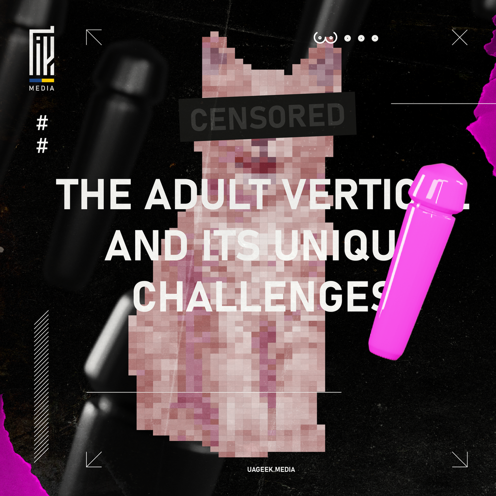 Banner for en.uageek.media featuring the text 'THE ADULT VERTICAL AND ITS UNIQUE CHALLENGES' in white over a black background with neon highlights. The image includes a pixelated, censored section to indicate sensitive content related to adult vertical dating in affiliate marketing.