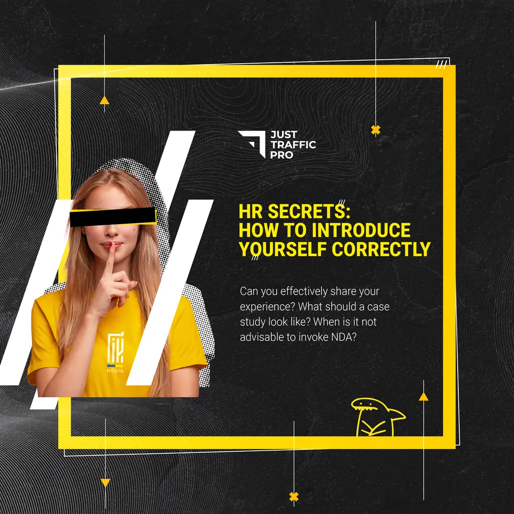 Informative banner showcasing a young woman with a finger to her lips, symbolizing the confidentiality in HR secrets, with the headline 'HR SECRETS: HOW TO INTRODUCE YOURSELF CORRECTLY' set against a dynamic geometric black and yellow background