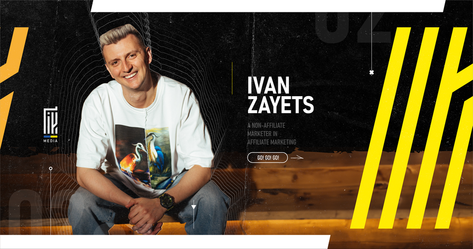 Promotional banner featuring a smiling man named Ivan Zayets, described as a 'non-affiliate marketer in affiliate marketing', with dynamic yellow and black design elements, for en.uageek.media's article on starting an Affiliate Party and hosting Affiliate Events.