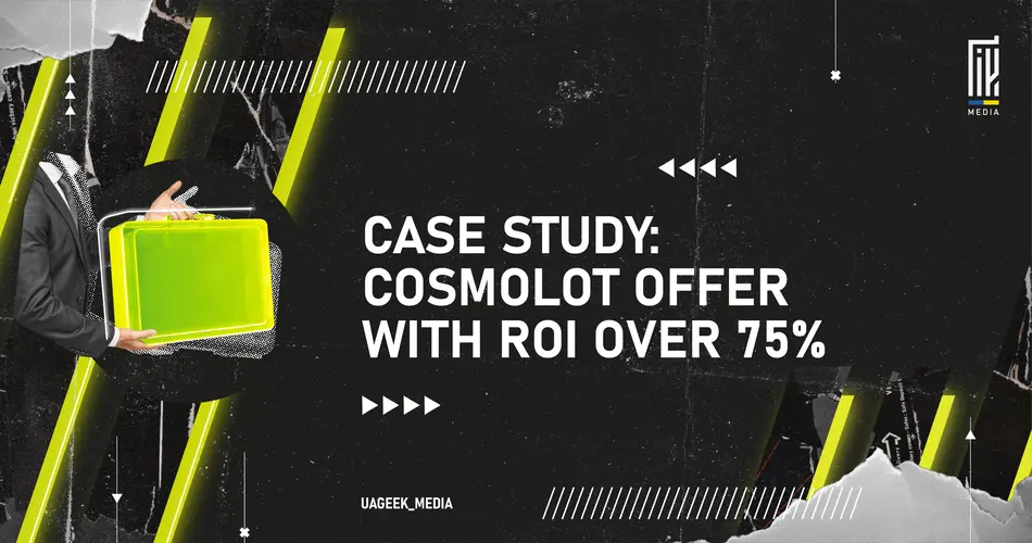 A promotional banner for an article on affiliate marketing with a high-contrast design of black, white, and neon yellow. It features a person in a suit holding a bright neon green suitcase, symbolizing the success highlighted in the 'CASE STUDY: COSMOLOT OFFER WITH ROI OVER 75%' headline. The UAGEEK MEDIA logo is present, indicating the publisher.