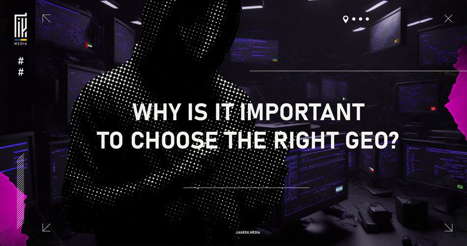 Informative banner from UAGEEK MEDIA presenting a question, 'WHY IS IT IMPORTANT TO CHOOSE THE RIGHT GEO?' in bold white letters against a dark, tech-inspired background. The silhouette of a person with a digital pixel pattern overlay signifies the analytical aspect of geo-targeting in affiliate marketing.