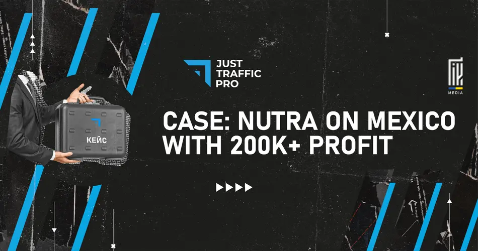 An edgy and sleek banner displaying the text 'CASE: NUTRA ON MEXICO WITH 200K+ PROFIT', accompanied by a hand holding a briefcase with 'KENIC' written on it, all set against a textured black background with electric blue accents.