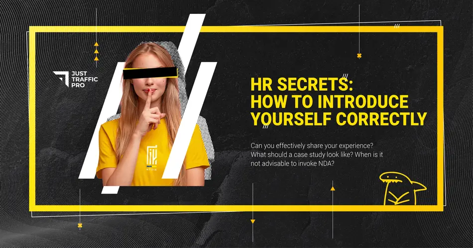 Informative banner showcasing a young woman with a finger to her lips, symbolizing the confidentiality in HR secrets, with the headline 'HR SECRETS: HOW TO INTRODUCE YOURSELF CORRECTLY' set against a dynamic geometric black and yellow background