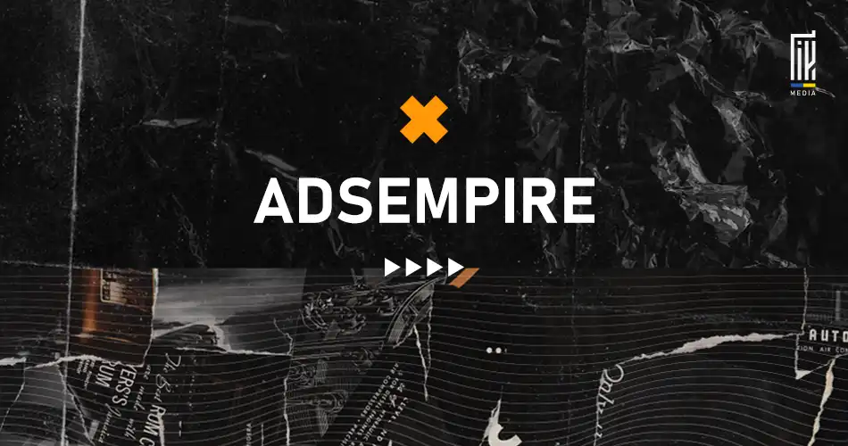 Wide promotional banner for the 'ADSEMPIRE' affiliate program at en.uageek.media, featuring bold white text against a black textured background with an orange cross symbol, indicating a blend of edginess and precision.