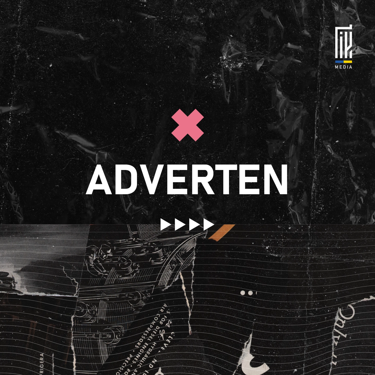 Square banner with 'ADVERTEN' in bold white letters and a coral cross symbol, against a textured black background, for en.uageek.media's affiliate marketing program.