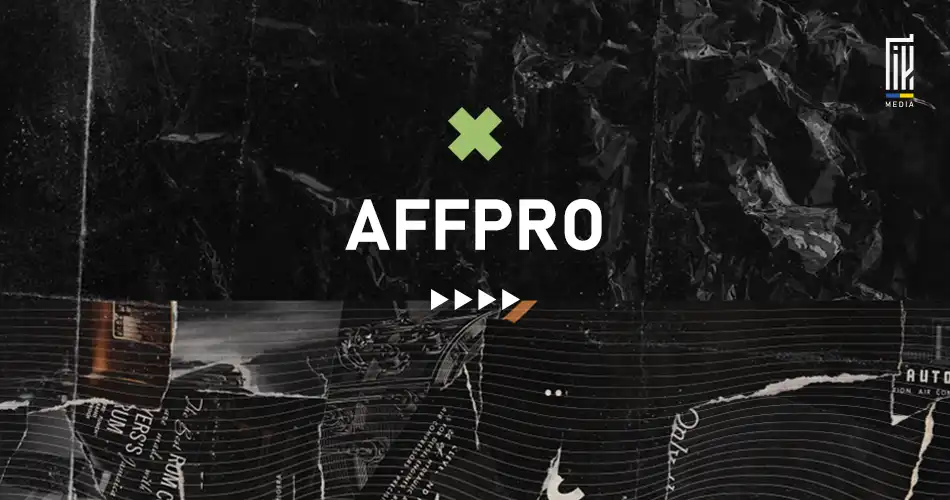 Square banner with the word 'AFFPRO' in large white letters, accompanied by a bright green cross symbol, against a textured black background, representing en.uageek.media's affiliate marketing program.