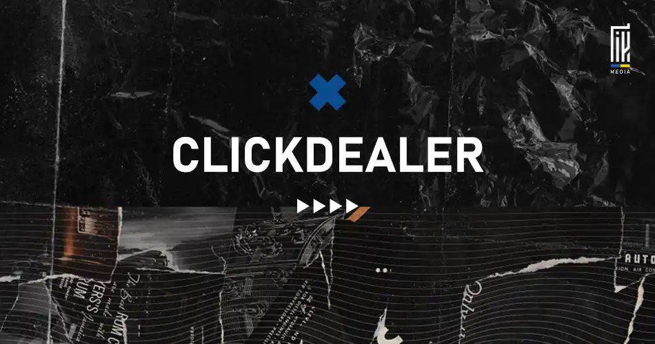 Promotional square banner for en.uageek.media, featuring 'CLICKDEALER' in white text with a blue cross symbol, set against a textured black background for the affiliate marketing program.