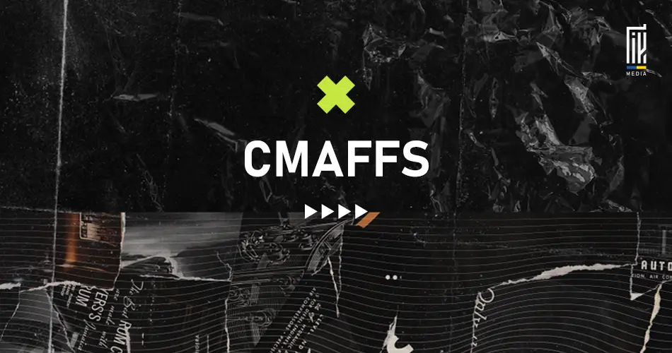 Banner displaying 'CMAFFS' in prominent white letters with a striking neon green cross symbol on a textured black background, indicating a specialized affiliate program by UAGEEK MEDIA.