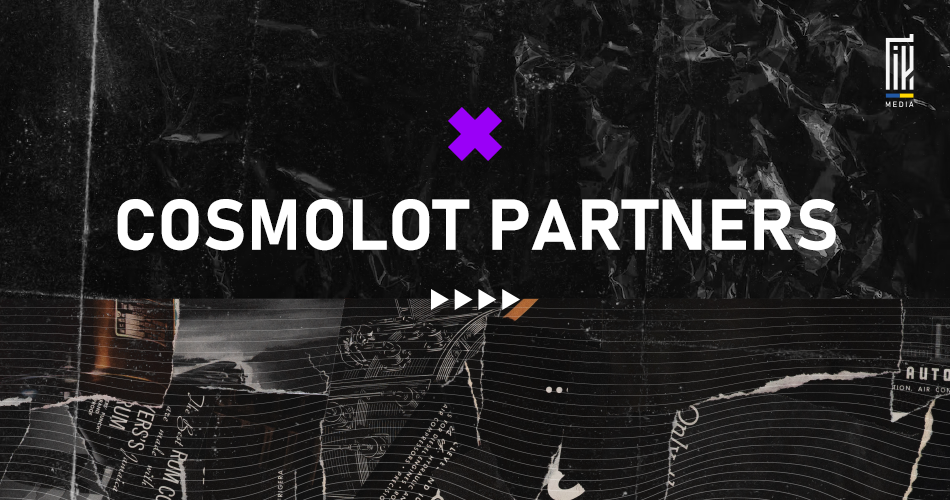 Square banner displaying 'COSMOLOT PARTNERS' in white lettering with a vibrant purple cross symbol, set against a textured black background, for en.uageek.media's affiliate marketing program.