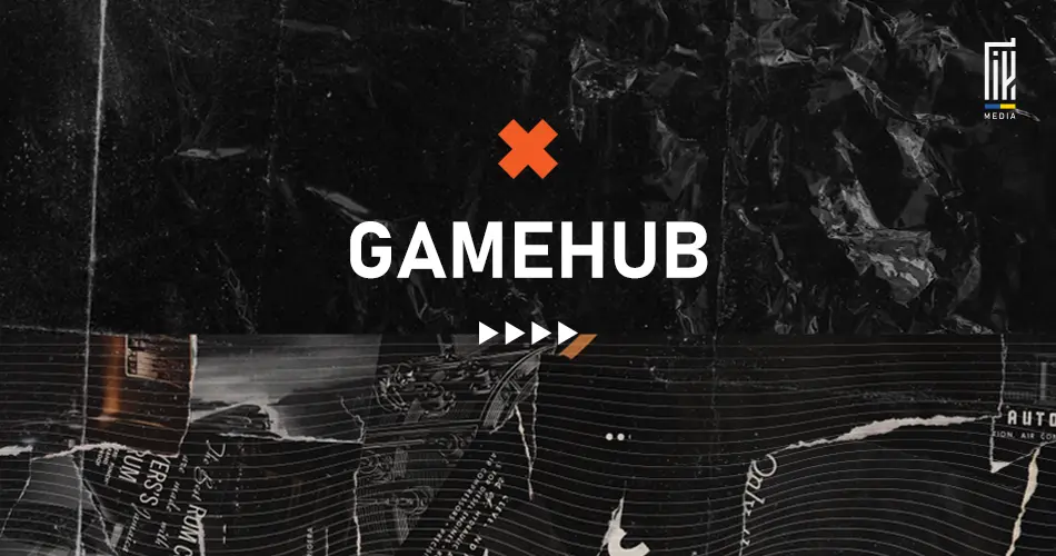 Square banner with 'GAMEHUB' in bold white letters, highlighted by an orange cross symbol, set against a textured black backdrop, for en.uageek.media's affiliate marketing program.