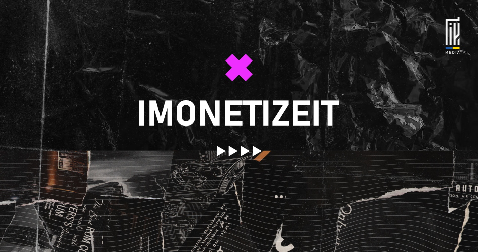 Square banner for en.uageek.media's affiliate program featuring 'IMONETIZEIT' in bold white letters with a magenta cross symbol, set against a dark, textured background.