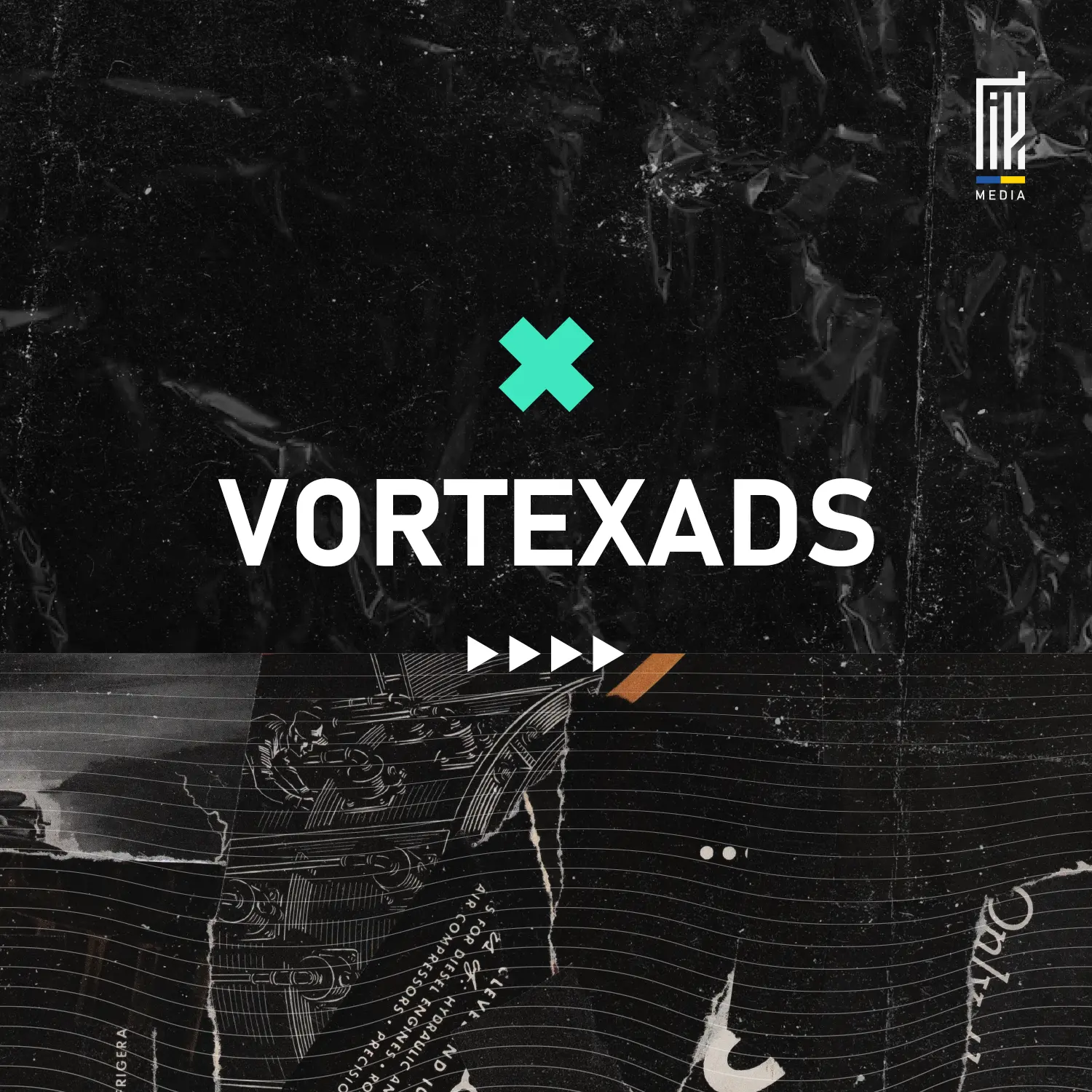 Banner showcasing 'VORTEXADS' in bold white letters with a neon green cross symbol, against a black textured background, for en.uageek.media's affiliate program.