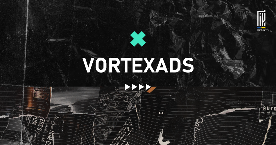 Banner showcasing 'VORTEXADS' in bold white letters with a neon green cross symbol, against a black textured background, for en.uageek.media's affiliate program.