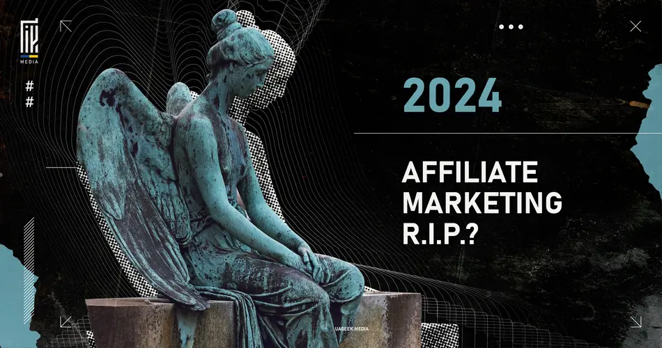 Banner with a classical statue contemplating over '2024 AFFILIATE MARKETING R.I.P.?', posing a dramatic question about the future of the industry, set against a backdrop of dark, abstract digital lines.