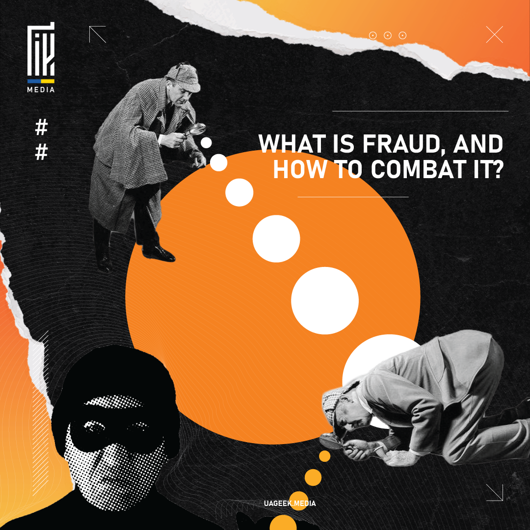 Creative banner with two detectives examining clues, asking 'WHAT IS FRAUD, AND HOW TO COMBAT IT?' set against a bold orange and black design for an article on en.uageek.media.