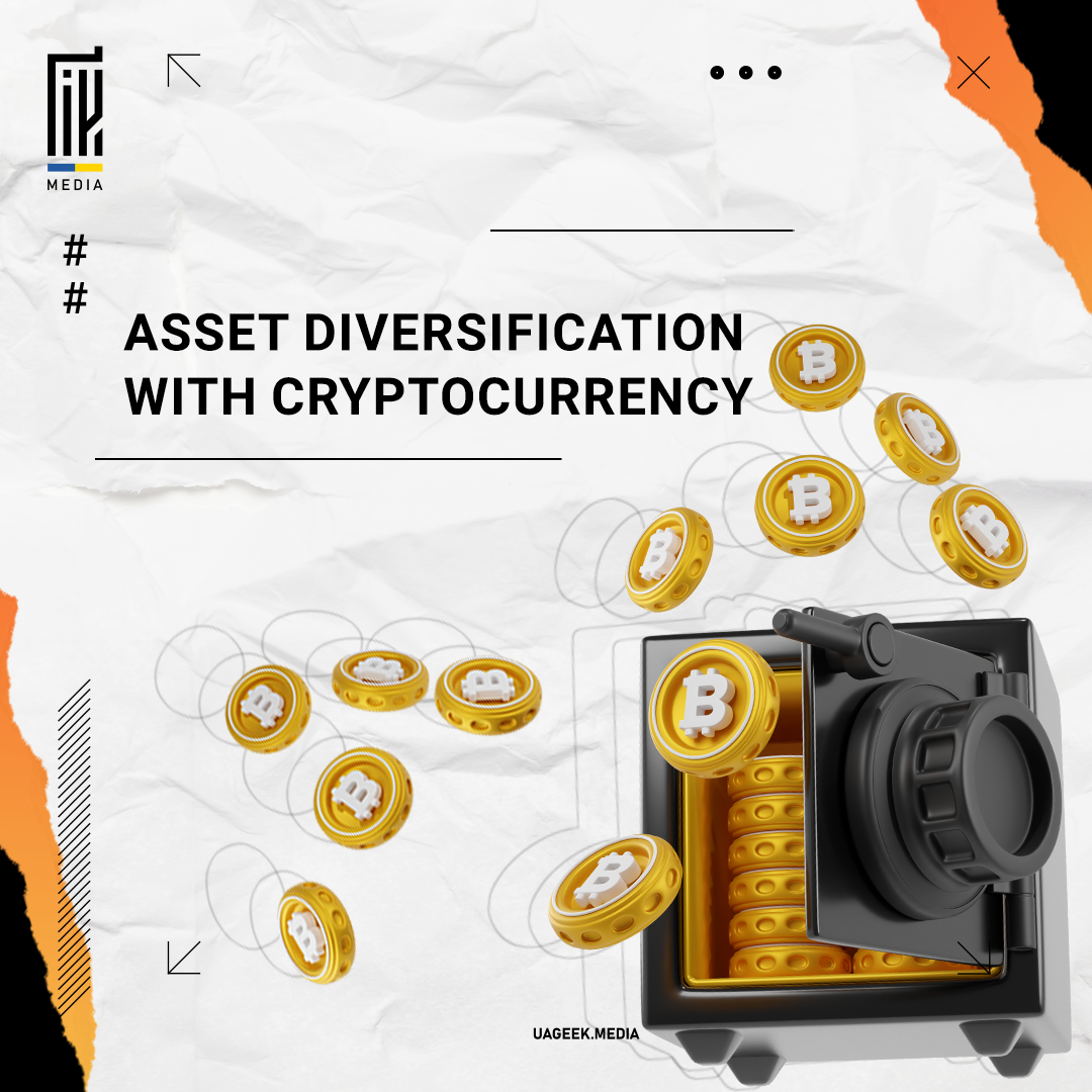 An engaging UAGEEK.MEDIA graphic with the title 'ASSET DIVERSIFICATION WITH CRYPTOCURRENCY'. The image features a flurry of golden Bitcoin coins spilling into an open vault, set against a crumpled paper background, symbolizing the secure and prosperous potential of including cryptocurrency in investment portfolios.