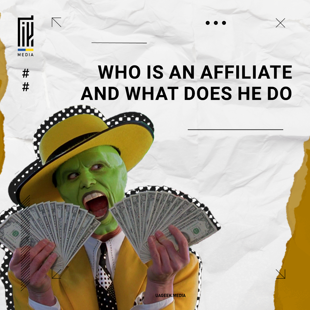 A vibrant UAGEEK.MEDIA advertisement featuring the question 'WHO IS AN AFFILIATE AND WHAT DOES HE DO' with an image of a person in bright makeup, resembling a caricatured figure, holding a fan of dollar bills. The individual is wearing a playful hat, symbolizing the potential for earning and fun in the world of affiliate marketing