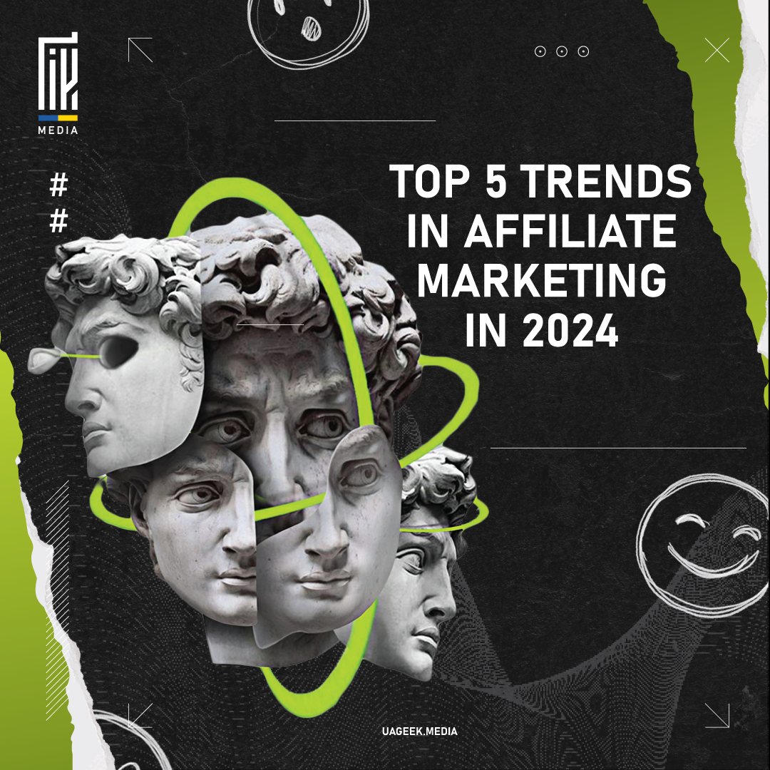 A UAGEEK.MEDIA graphic announces 'TOP 5 TRENDS IN AFFILIATE MARKETING IN 2024'. The image creatively blends classical sculpture fragments with bold, modern neon outlines, illustrating the merging of time-tested marketing strategies with futuristic trends and innovations.