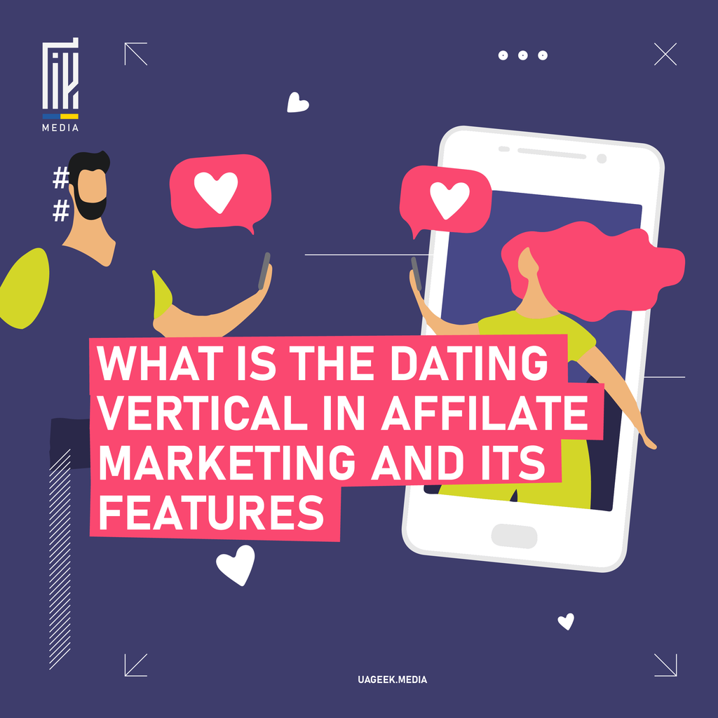 A colorful and informative UAGEEK.MEDIA graphic posing the question 'WHAT IS THE DATING VERTICAL IN AFFILIATE MARKETING AND ITS FEATURES'. The image features an illustration of a large smartphone with various dating-related icons and cartoon people around it, emphasizing the interactive and social nature of dating platforms in the context of affiliate marketing.