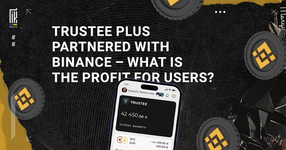 A bold graphic by UAGEEK.MEDIA announcing 'TRUSTEE PLUS PARTNERED WITH BINANCE – WHAT IS THE PROFIT FOR USERS?' This image showcases a smartphone with the Trustee Plus app on the screen, displaying a cryptocurrency balance, and set against a textured black and gold background, reflecting the partnership’s potential profitability and benefits for users.