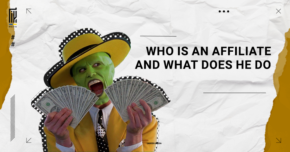 A vibrant UAGEEK.MEDIA advertisement featuring the question 'WHO IS AN AFFILIATE AND WHAT DOES HE DO' with an image of a person in bright makeup, resembling a caricatured figure, holding a fan of dollar bills. The individual is wearing a playful hat, symbolizing the potential for earning and fun in the world of affiliate marketing