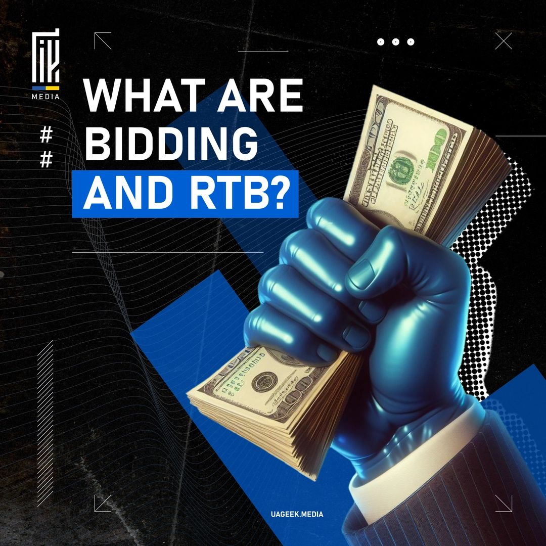 Banner with a clenched fist holding cash and the headline 'WHAT ARE BIDDING AND RTB?' for an article on en.uageek.media about the fundamentals of Real-Time Bidding in affiliate marketing.