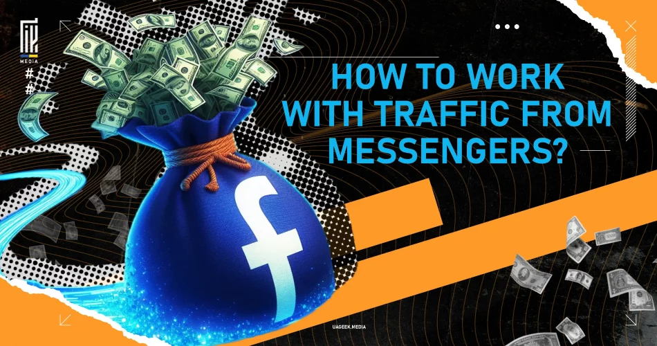 Money bag with Facebook logo overflowing with cash, representing traffic generation from messengers for affiliate marketing