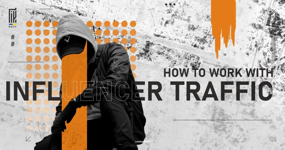 A person wearing a hoodie, symbolizing the concept of influencer traffic in marketing, with abstract orange and grayscale design elements.