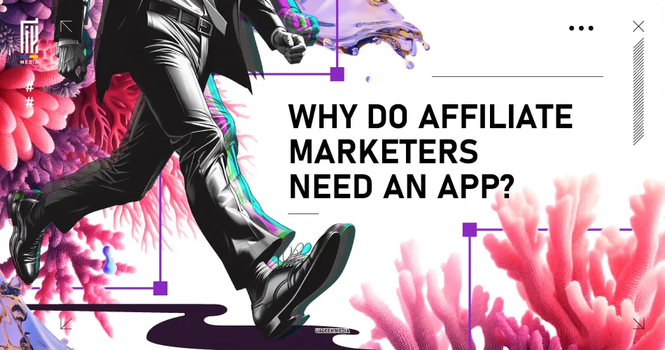 A dynamic image of a person in motion with colorful abstract elements, representing the concept of affiliate marketers using mobile apps.