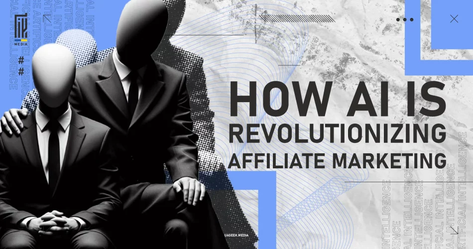 Faceless figures in suits representing AI's influence on revolutionizing affiliate marketing strategies.