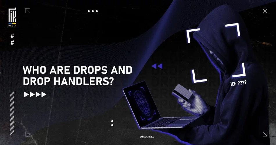 Hooded figure with a laptop and smartphone representing drops and drop handlers, surrounded by digital elements and a facial recognition overlay