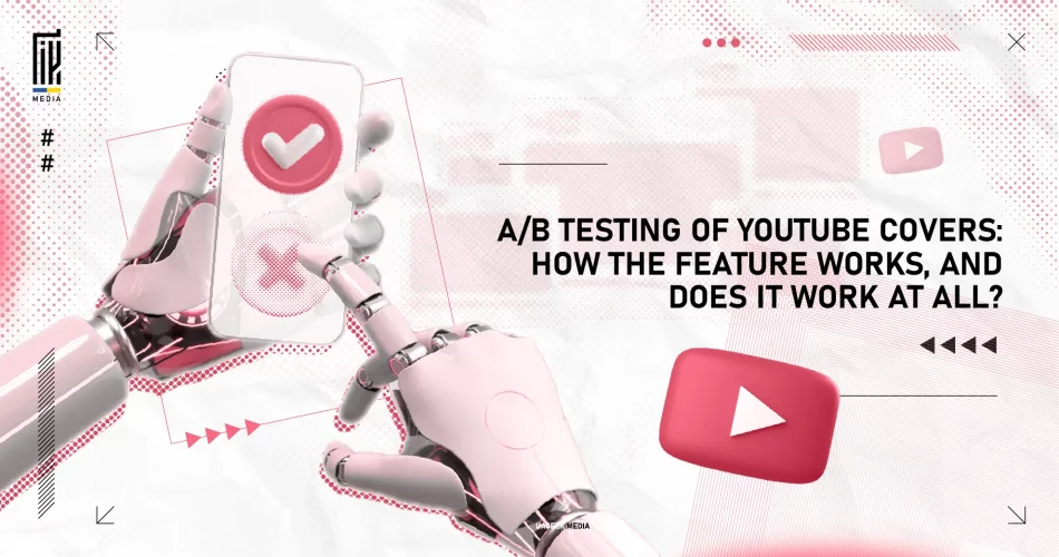 Robotic hands holding a phone with A/B testing icons and YouTube logo, representing analysis of YouTube cover effectiveness.