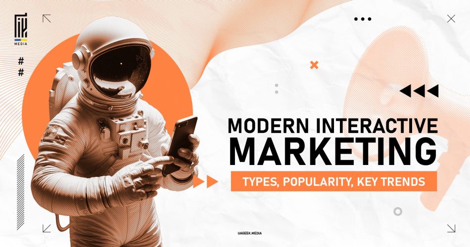 Astronaut using a smartphone with a bold orange and white theme, promoting modern interactive marketing trends, types, and popularity