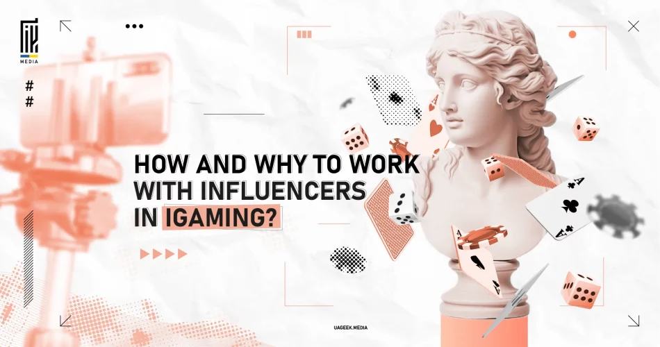 A creative promotional banner for influencer marketing in iGaming, featuring a classical marble bust surrounded by flying dice, cards, and gaming elements, with a blurred camera setup in the background.