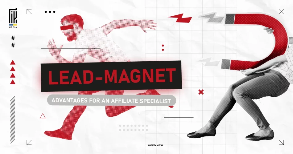 A dynamic graphic of a man running towards a giant magnet representing lead generation for affiliate specialists, created by UAGeek.Media.