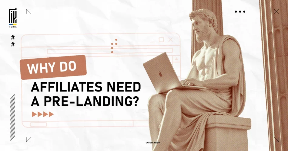 Classical statue sitting with a laptop, surrounded by modern graphic elements, asking 'Why do affiliates need a pre-landing?