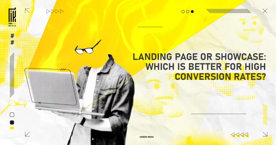 Abstract digital artwork featuring a faceless person using a laptop on a yellow background with text: 'Landing Page or Showcase: Which is Better for High Conversion Rates?