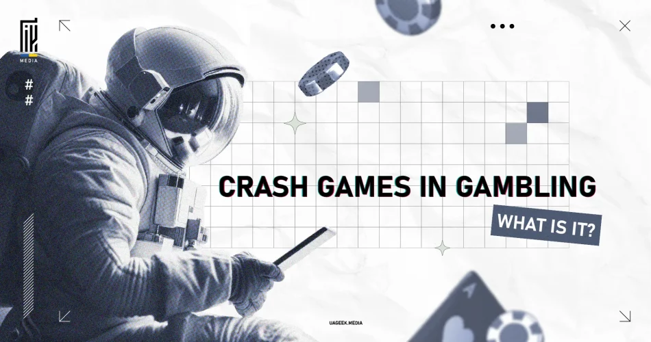 Astronaut holding a tablet, surrounded by gambling symbols like poker chips and cards, with the text "Crash Games in Gambling - What is it?" over a modern, grid-style background.