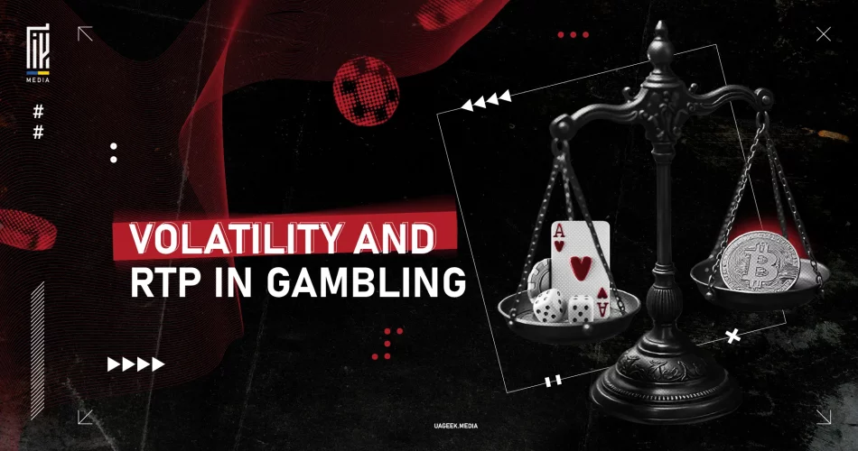 Scales balancing cards and cryptocurrency coin with the text 'Volatility and RTP in Gambling', emphasizing gaming risks and rewards.