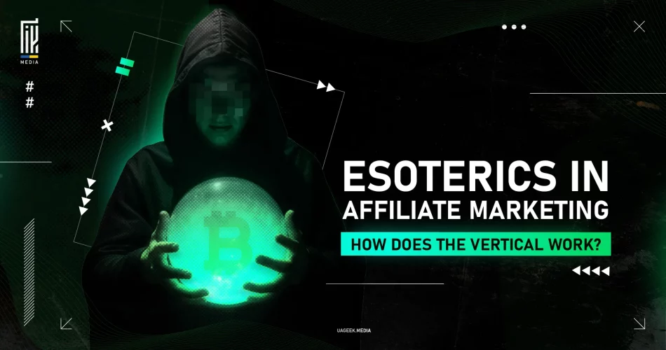 Hooded figure holding a glowing green orb with Bitcoin symbol, representing esoteric elements in affiliate marketing strategies