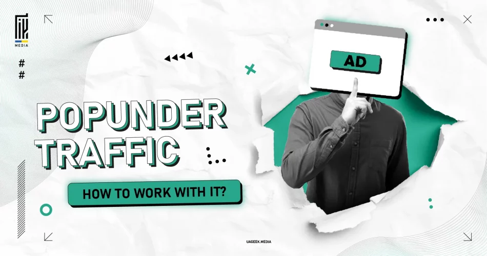 Popunder traffic strategies banner featuring a person with a browser window overlay and 'How to work with it?' text.